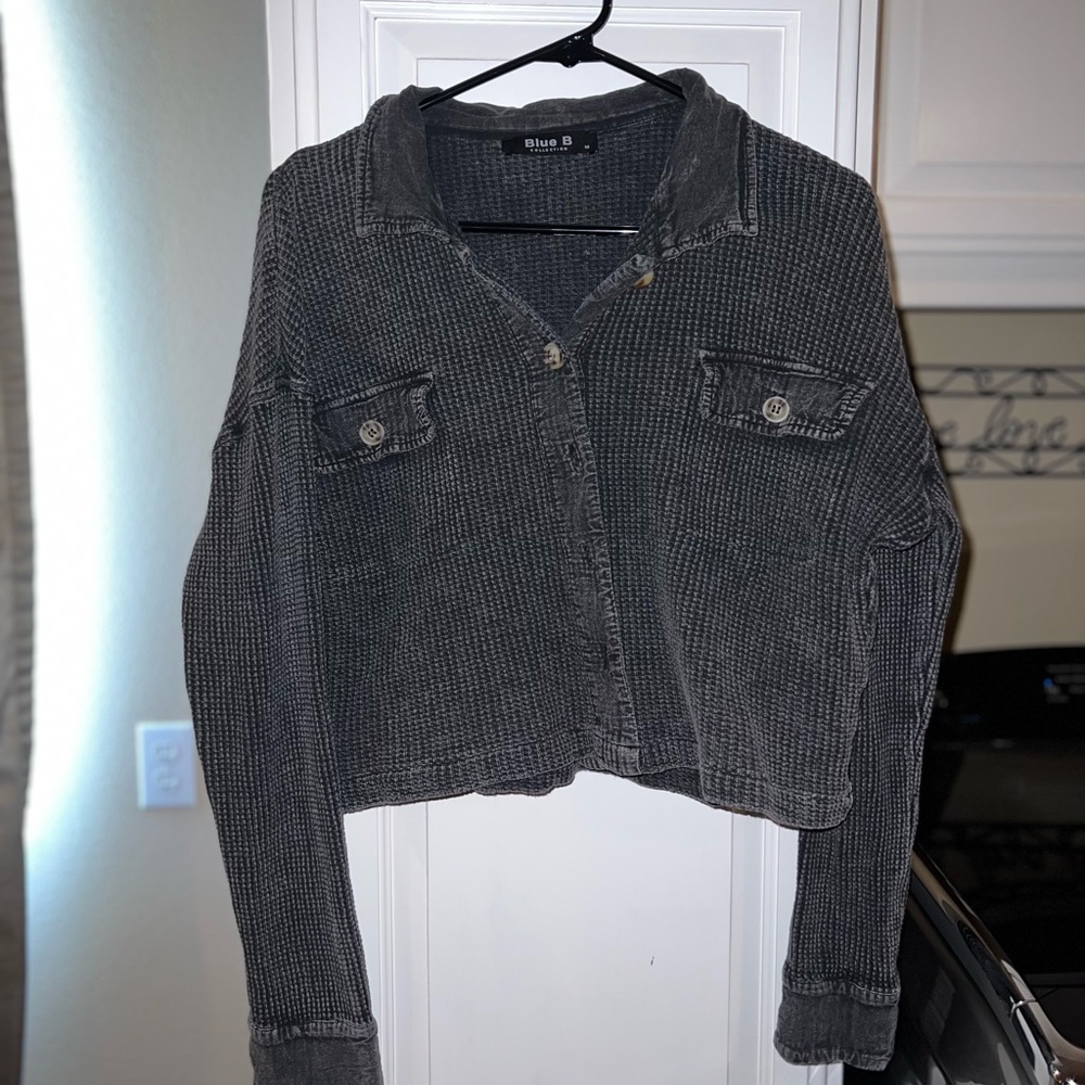 Blue B button up, crop cardigan